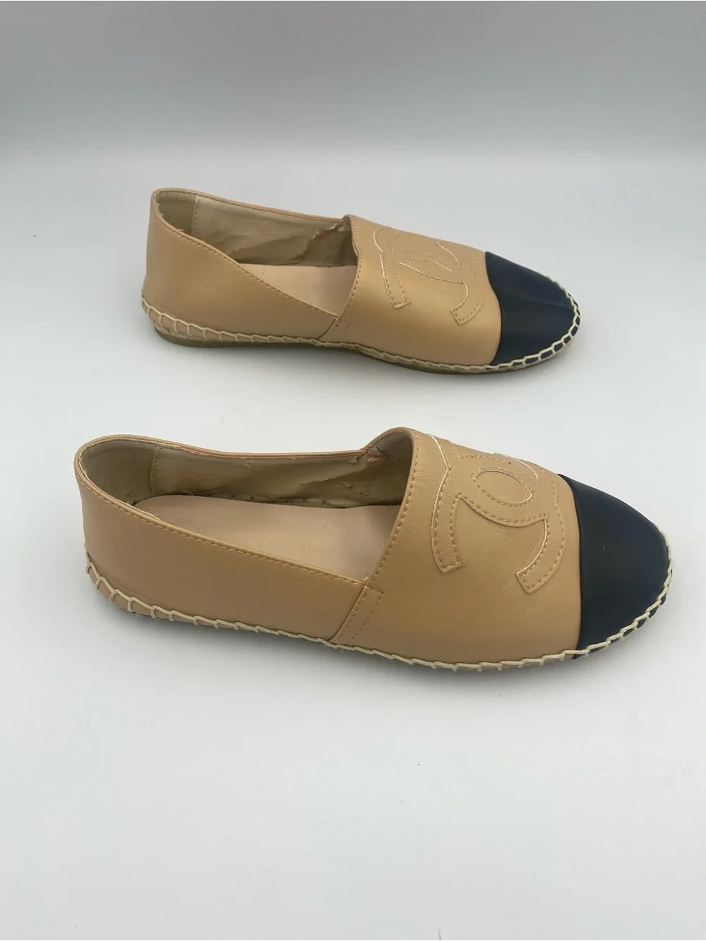 CHANEL Beige Leather Espadrilles with Black Cap Toe